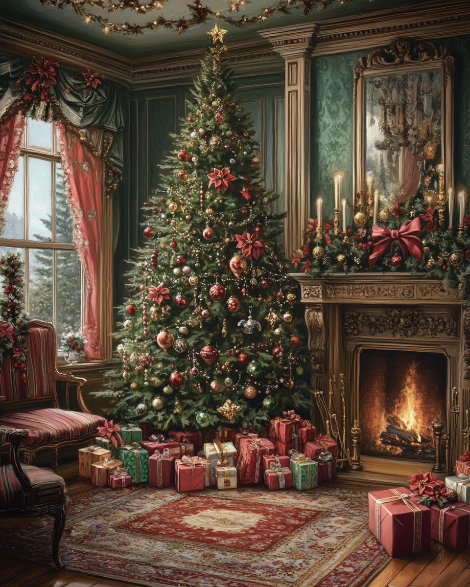 Victorian Christmas Celebration with Tree, Fireplace, Gifts - AR 4:5 V 6.1