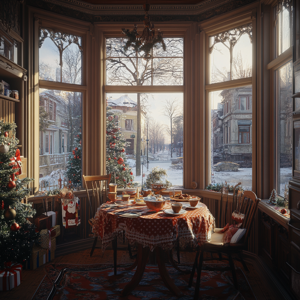 Victorian Christmas kitchen with decorated table, snowy street view.