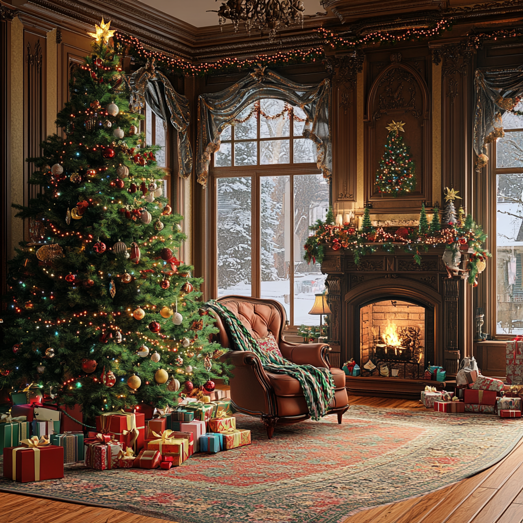 Victorian Parlor Christmas Scene with Cozy Fireplace and Tree.