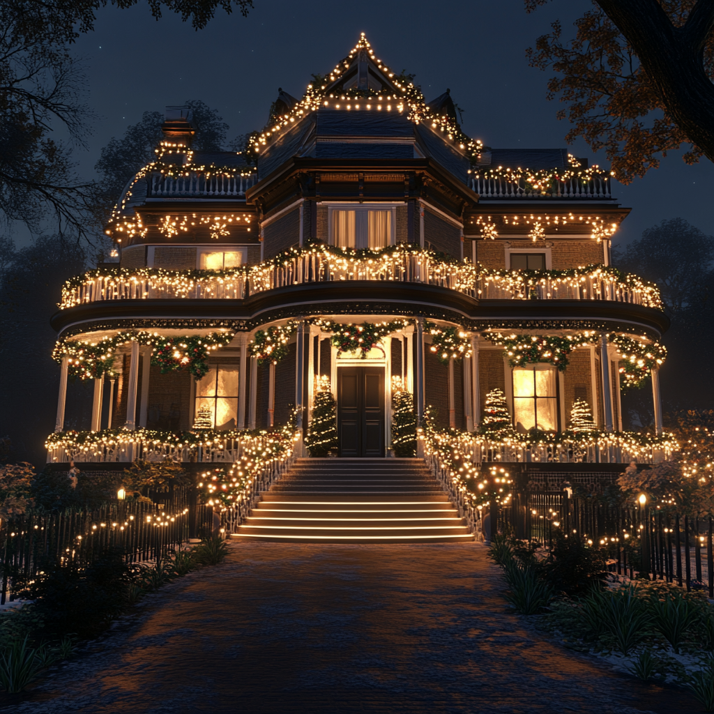 Victorian Regency Era style home with colorful lights.