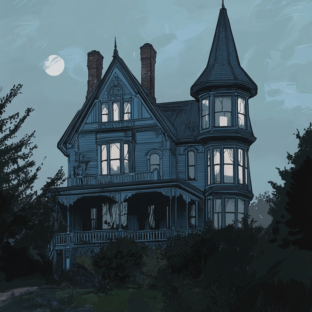 Victorian Shorecliff Manor Sketch: Blue-Grey Exterior with Tower