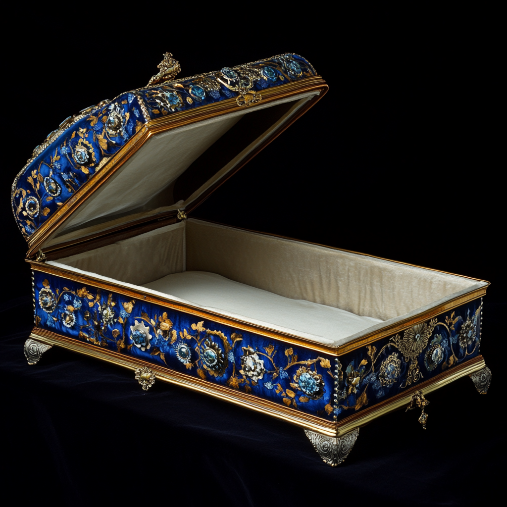 Victorian coffin with blue lid, silk lining, gears