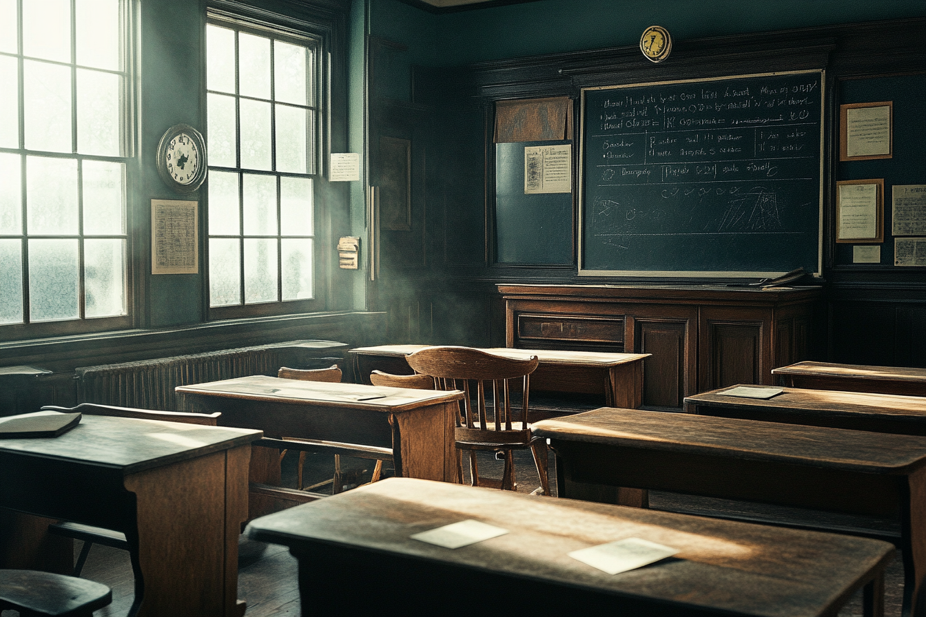 Victorian-era school classroom with wooden desks and chalkboards.