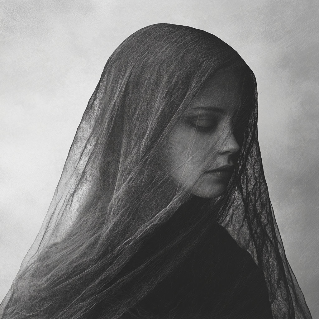 Victorian ghost Scottish woman with hair veil in grayscale.