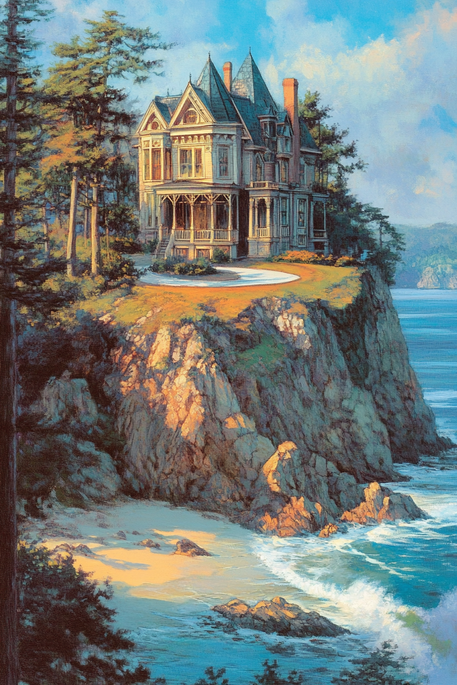 Victorian mansion with circular driveway in cliff forest ocean