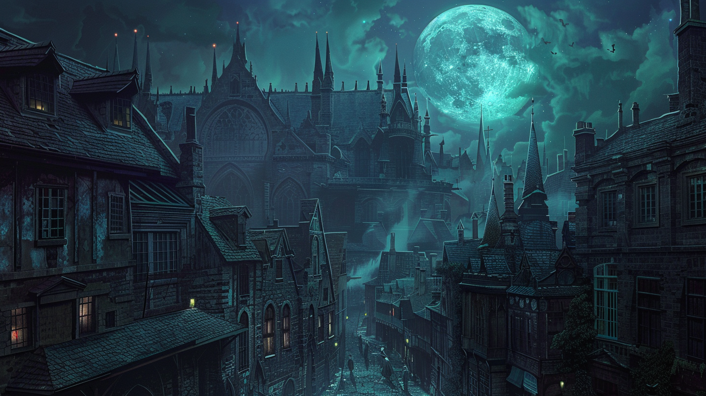 Victorian vampires on rooftops at night