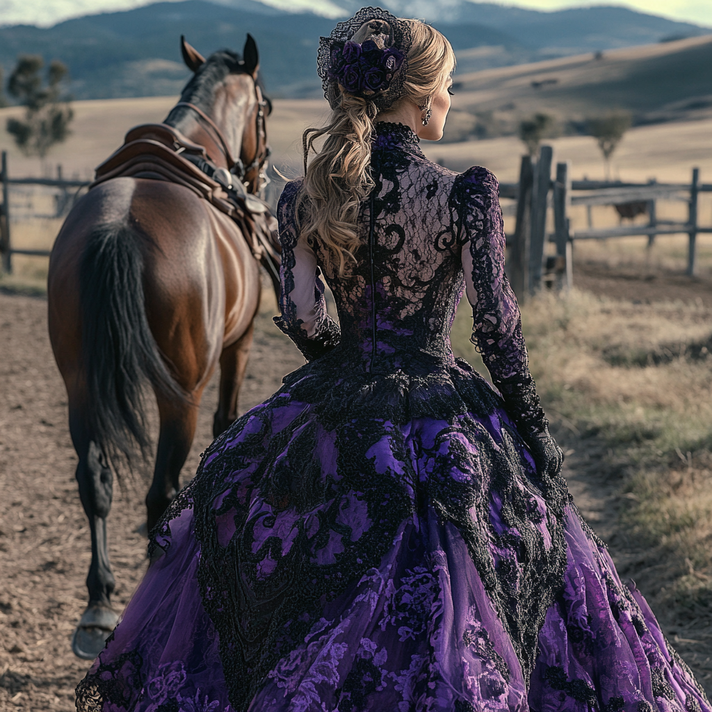 Victorian woman in lace dress on horse ranch