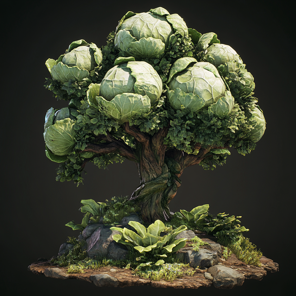 Video game tree with huge cabbages, simple style.