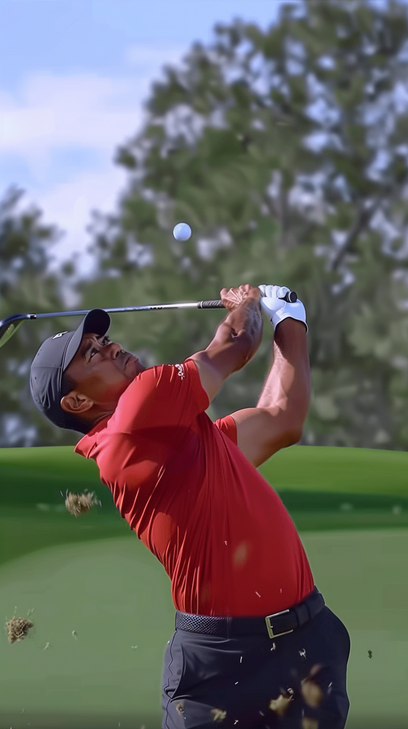 Video of Tiger Woods hitting perfect flop shot on sunny golf course.