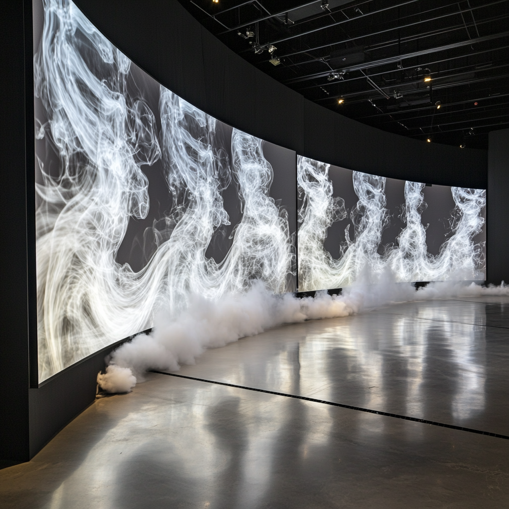 Video wall in museum with smoke rings and patterns.