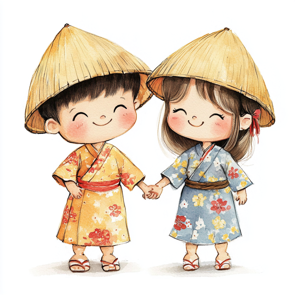 Vietnamese Kids in Traditional Clothes, Smiling, Vector Illustration