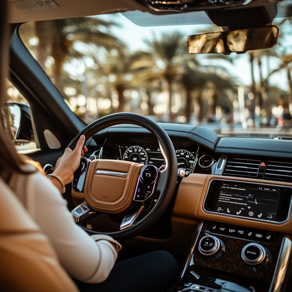 View from Range Rover Sport driver's seat luxurious interior.