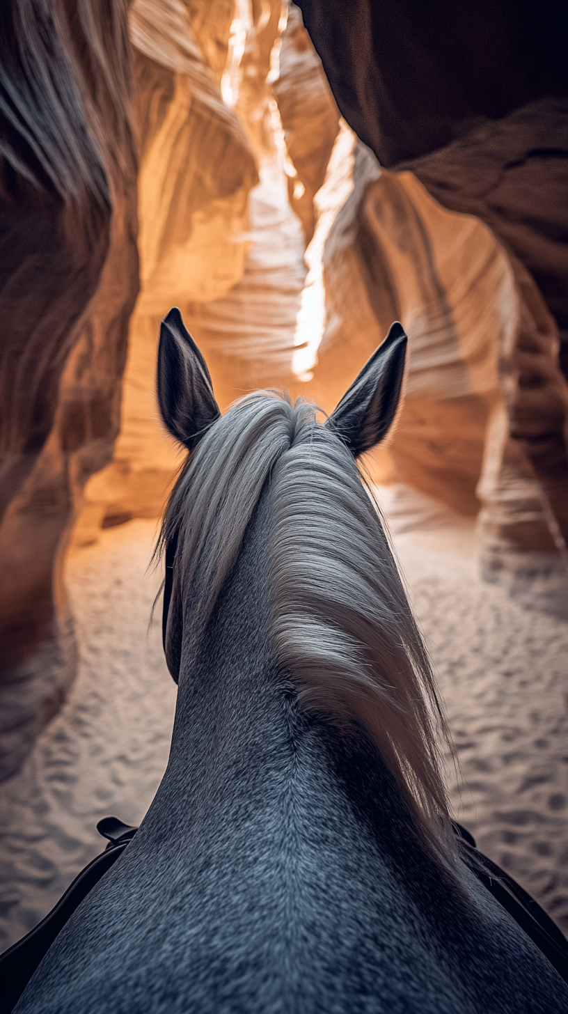 View from horseback through natural rock formations, bright sunlight.