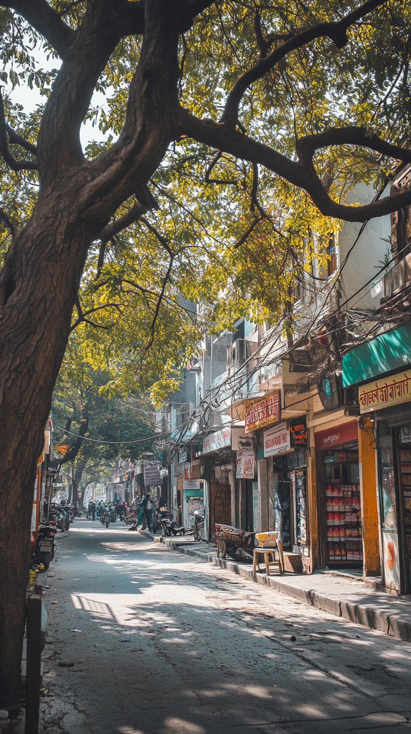 View of Indian street from opposite shop, tree visible.