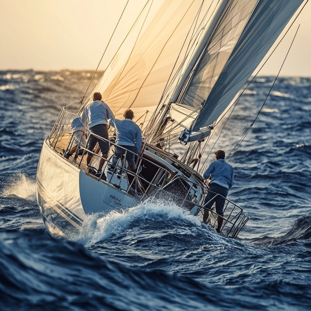 View of Sailboat in Regatta with Balancing Sailors