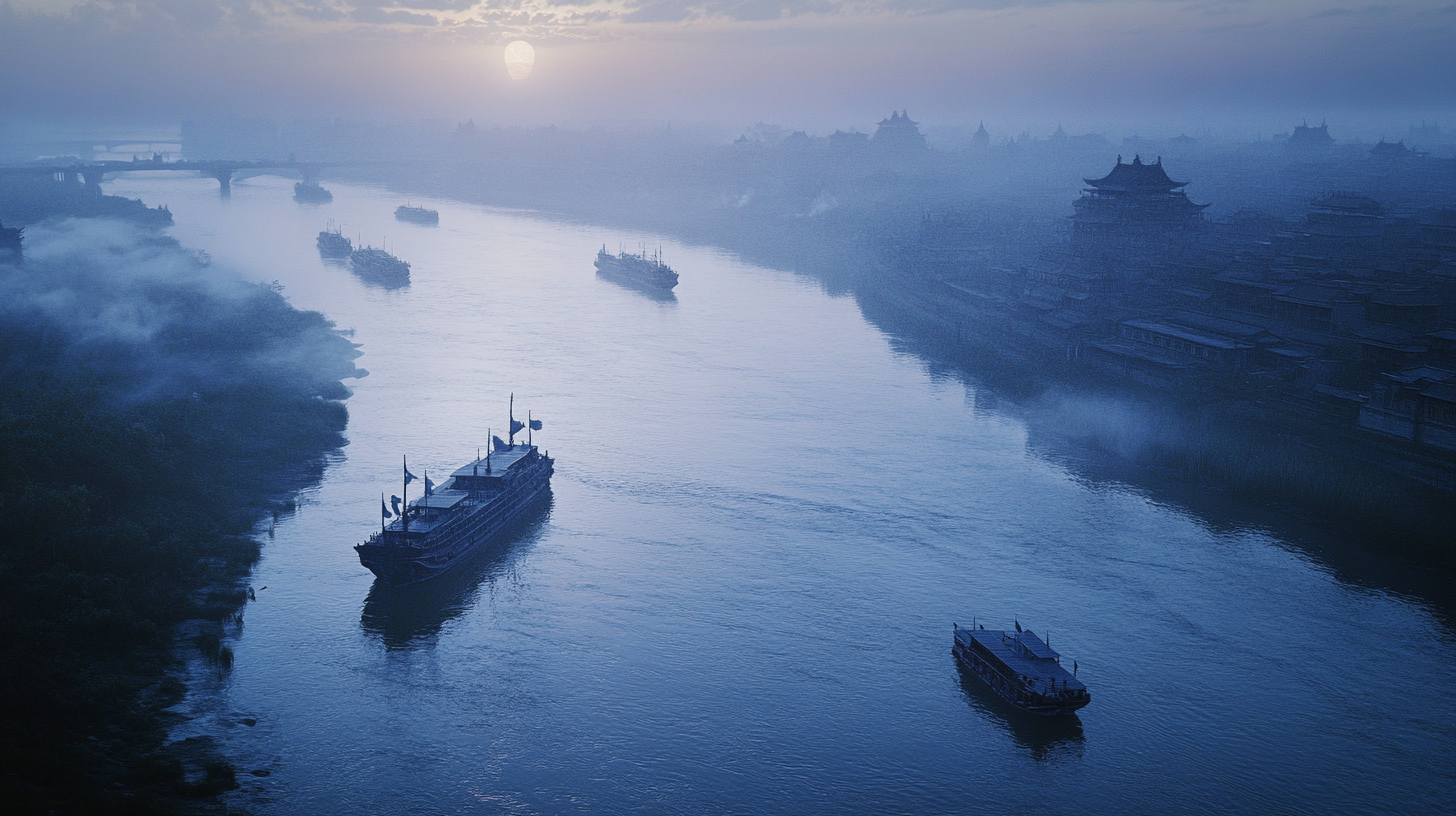 View of Yangtze River with ancient warships, Cao Cao's fleet.