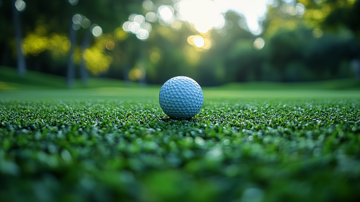 View of golf ball flying over blurred course.