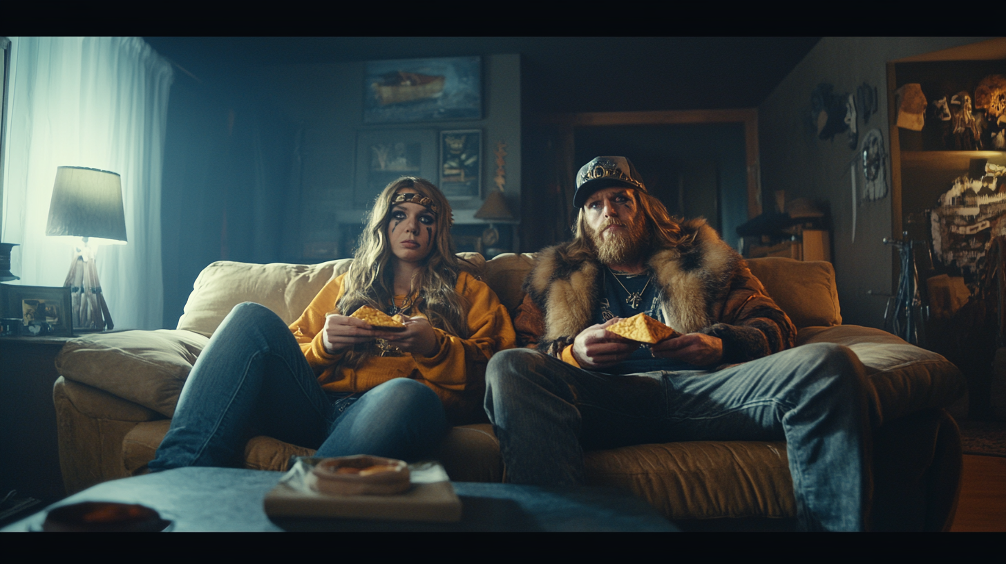 Viking Couple Eating Chips in Living Room, Cinematic 4K Photo