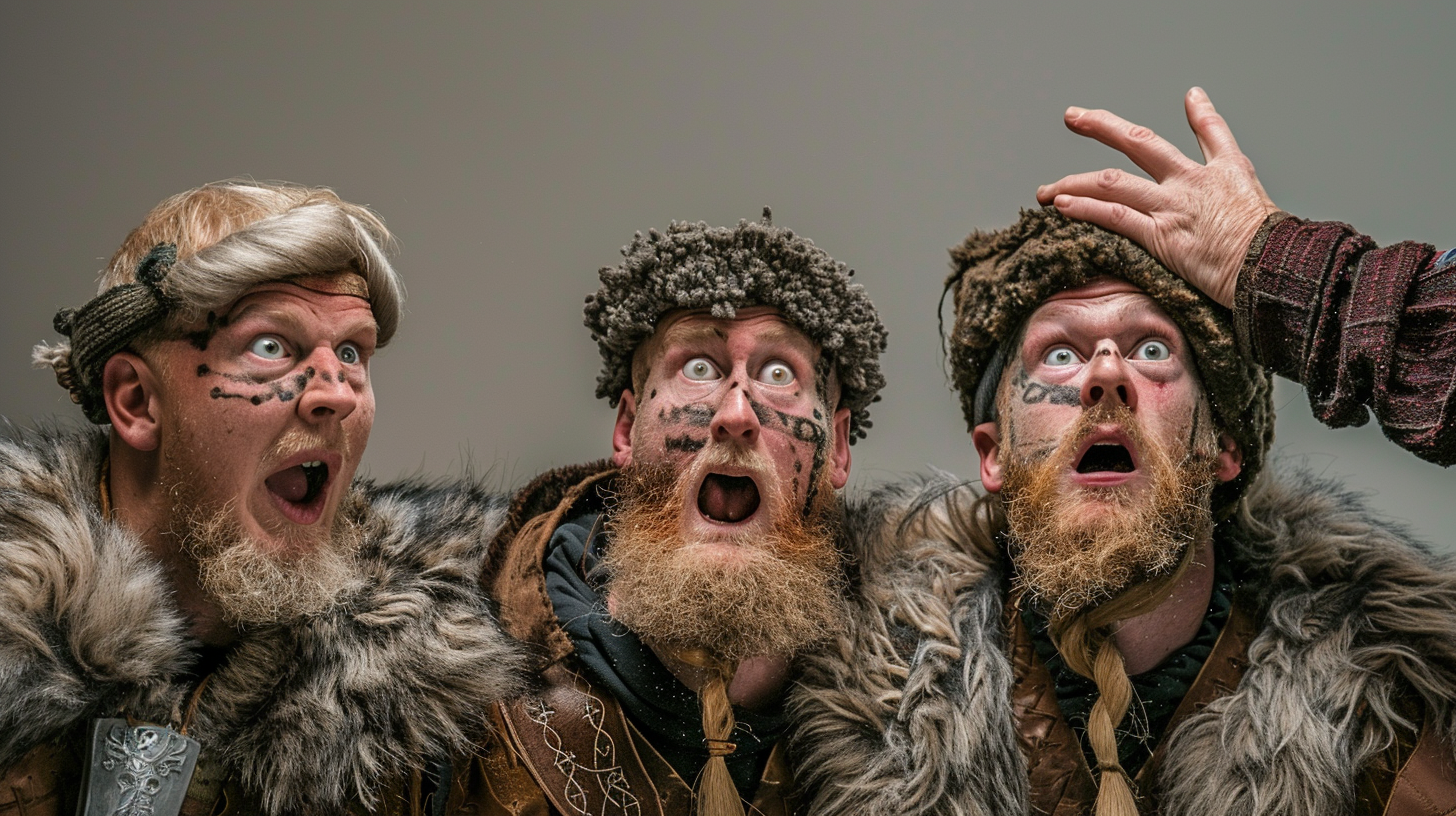 Viking actors shocked and curious, slapped by old woman.