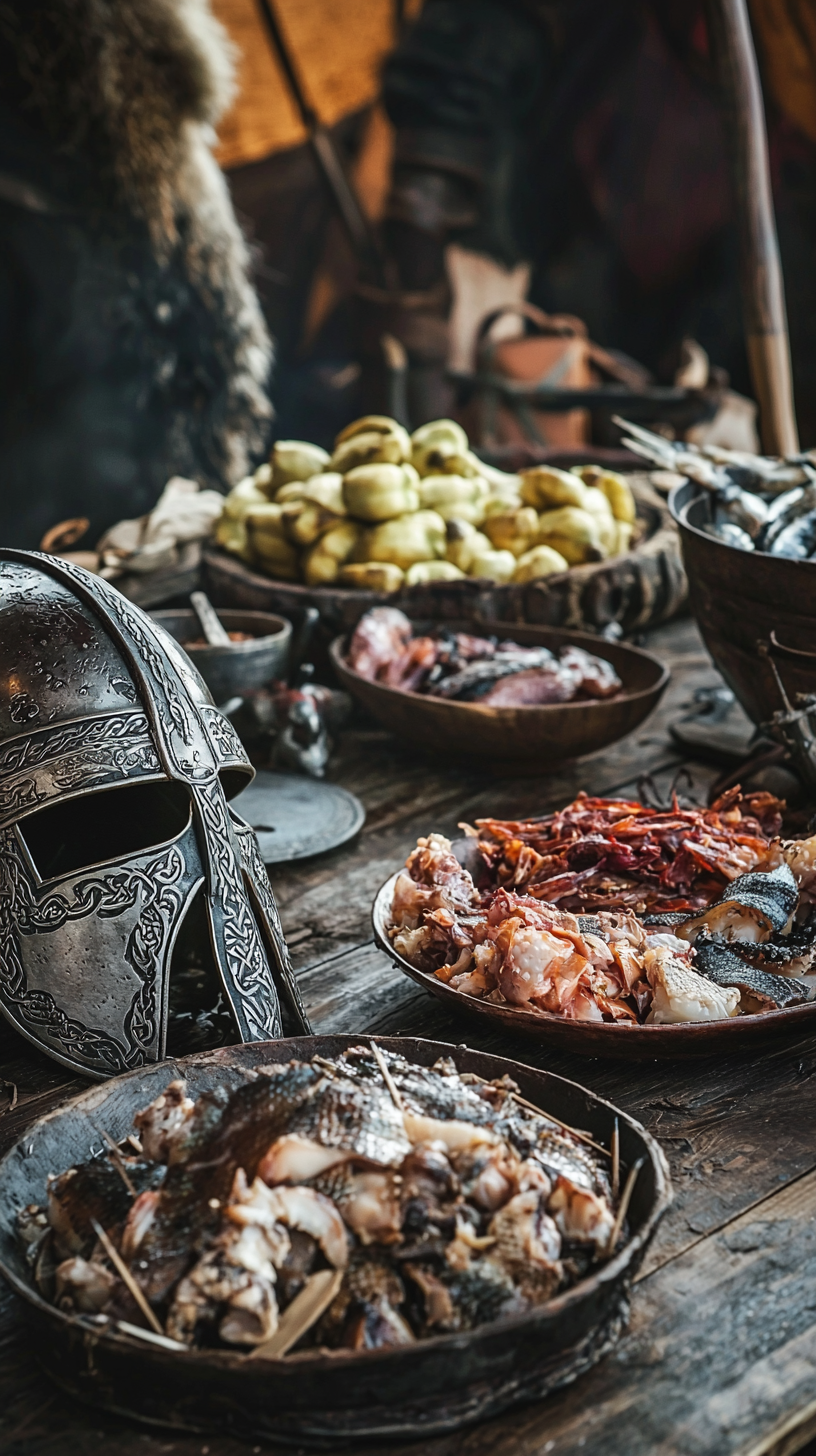 Viking artifacts on rustic wooden table with unusual foods.