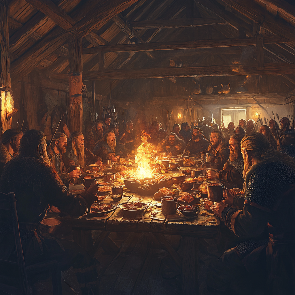 Viking longhouse feast with fires, food, laughter, torchlight