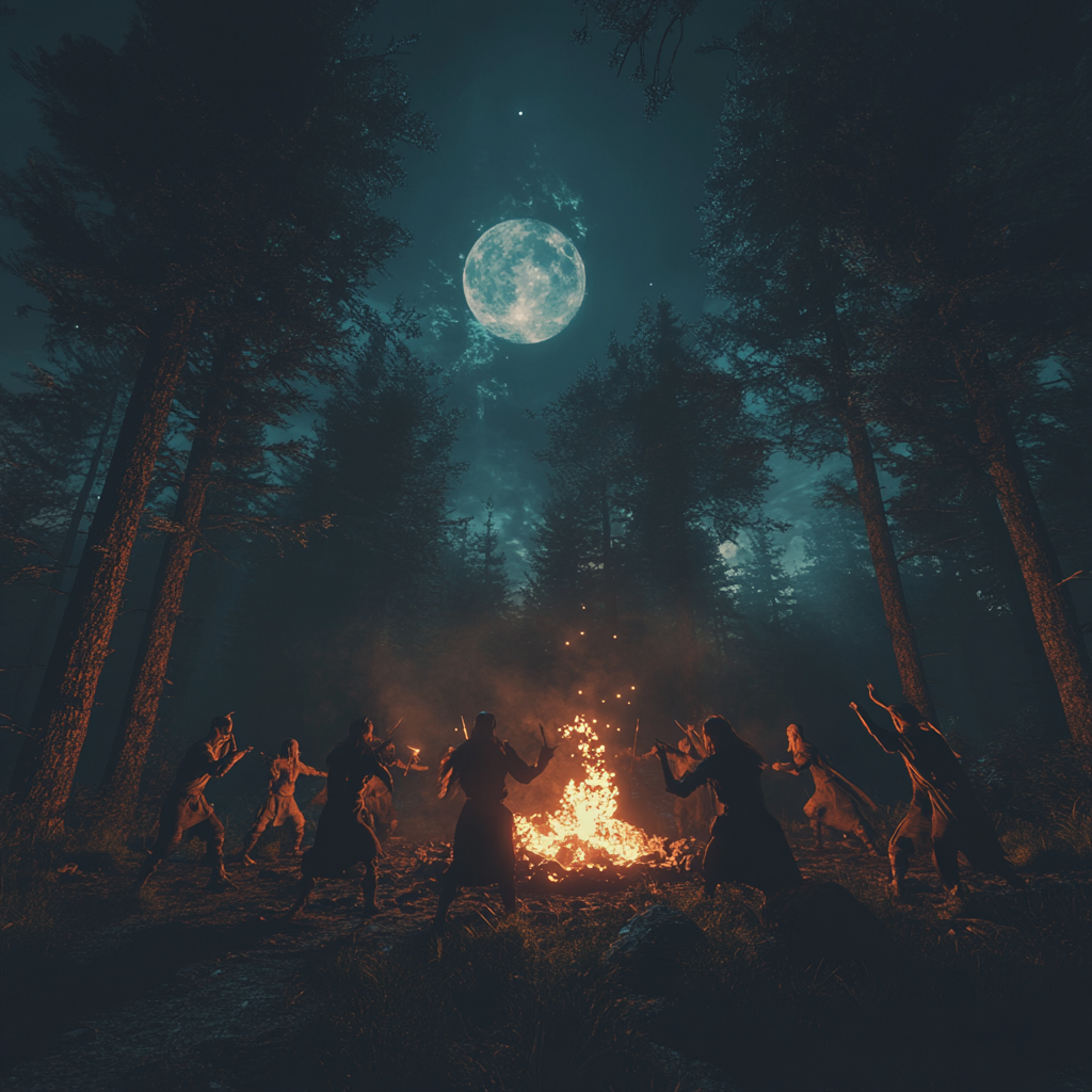 Viking pagan ritual in forest at night with fire.