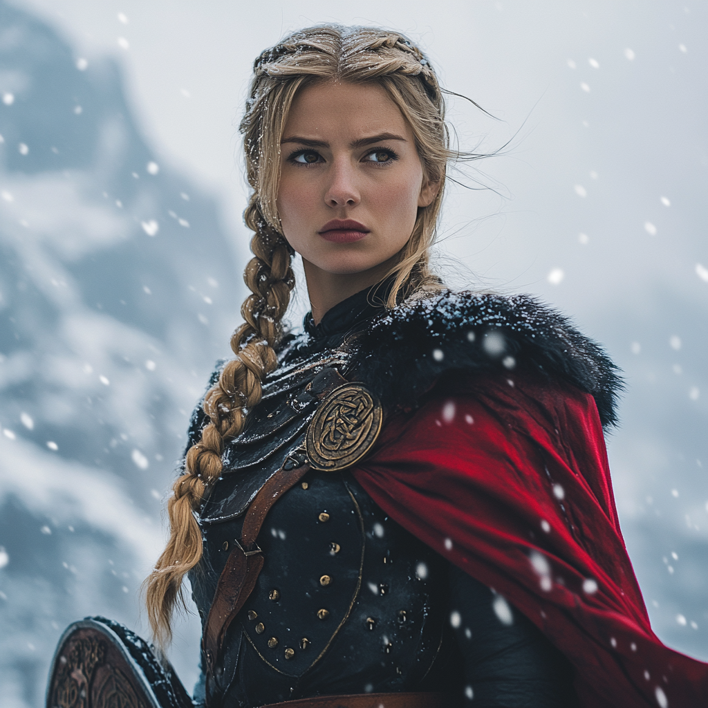 Viking princess with blonde braid on snowy mountain.