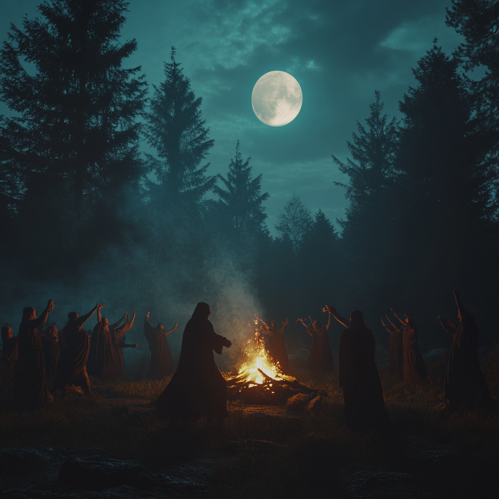 Vikings perform ritual dance around fire in forest.