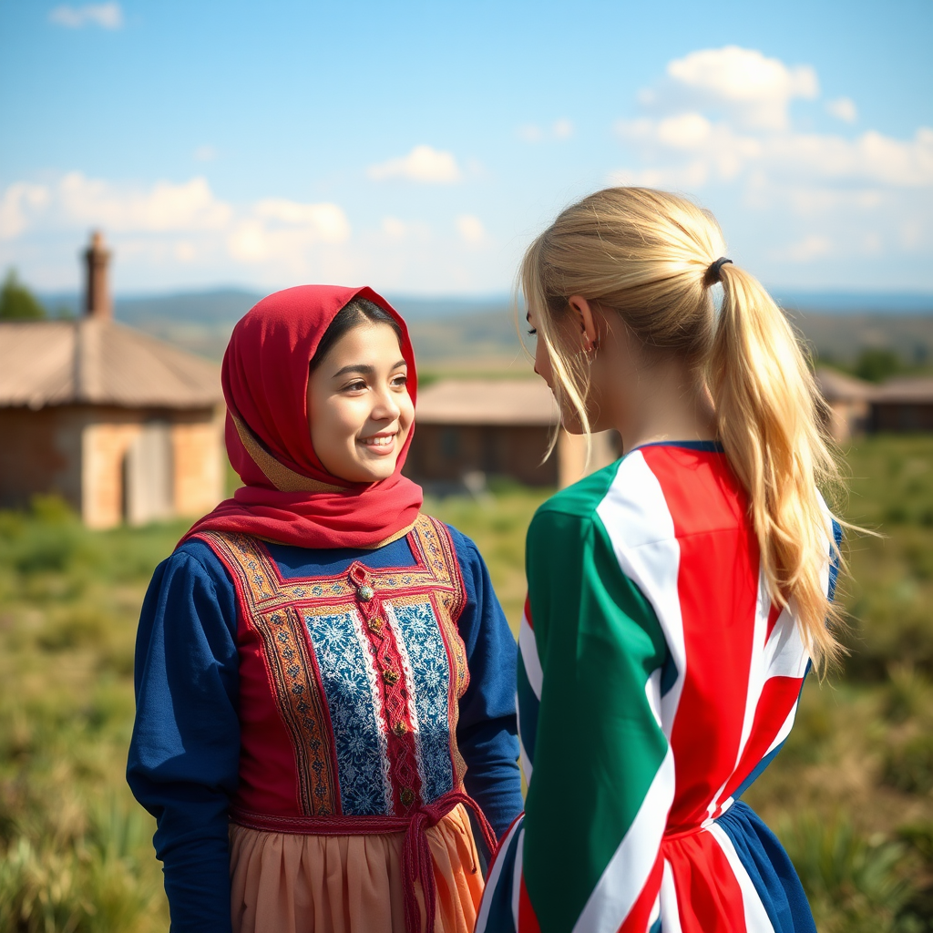 Village girls in different dresses talk and share.