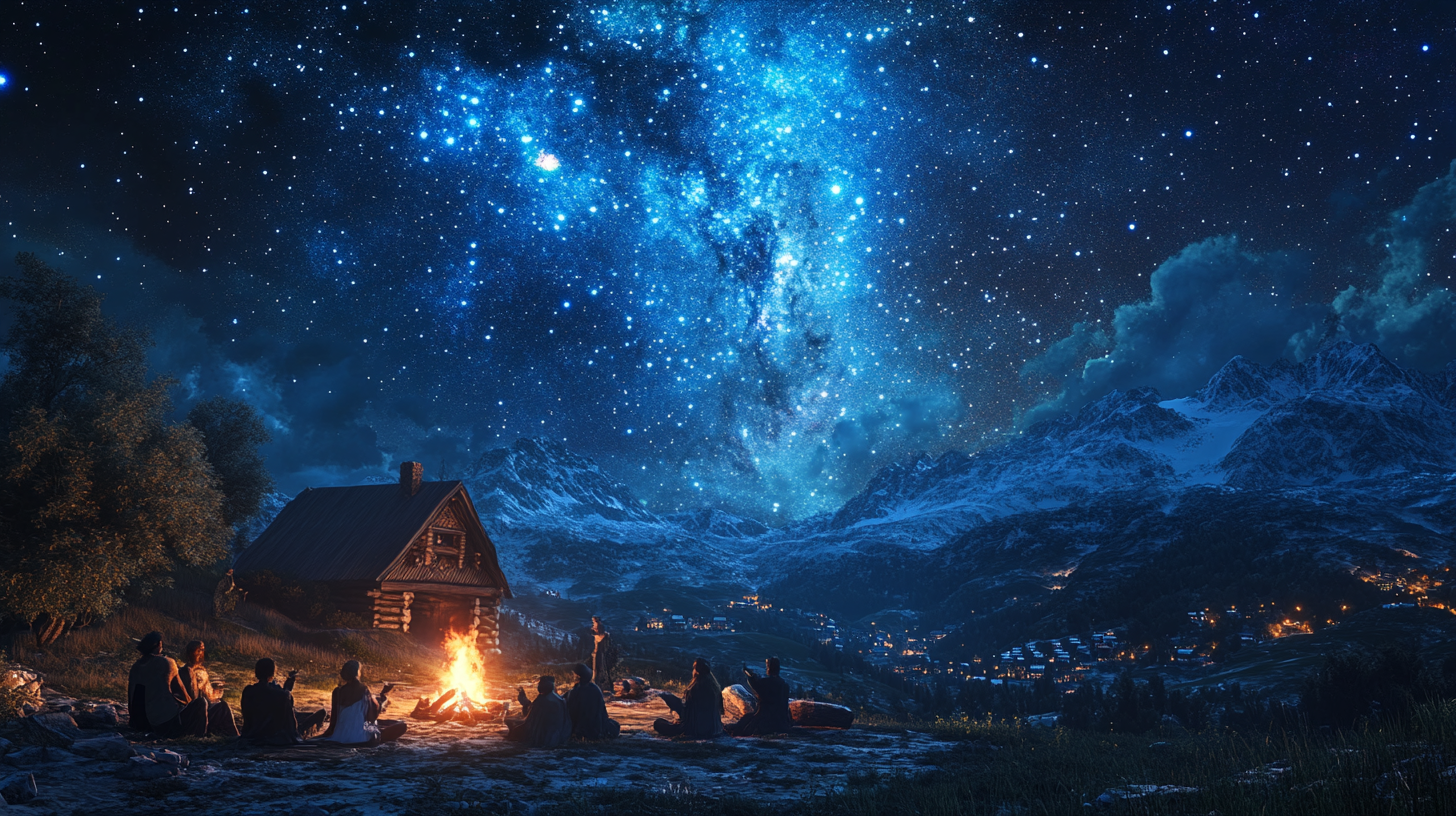 Village storytelling under starry galaxy night sky.