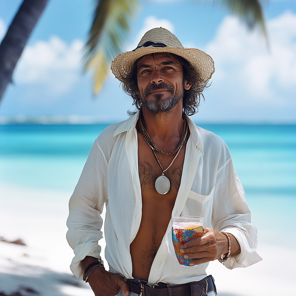 Vincenzo Stands on Tropical Beach Holding Coconut Drink.