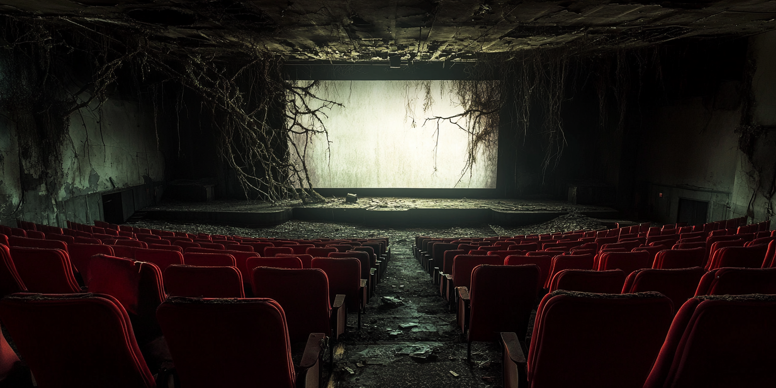 Vines growing on AMC theater screen, dark cinematic setting.