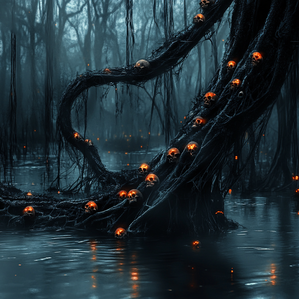 Vines with skulls and lights in dark swamp.