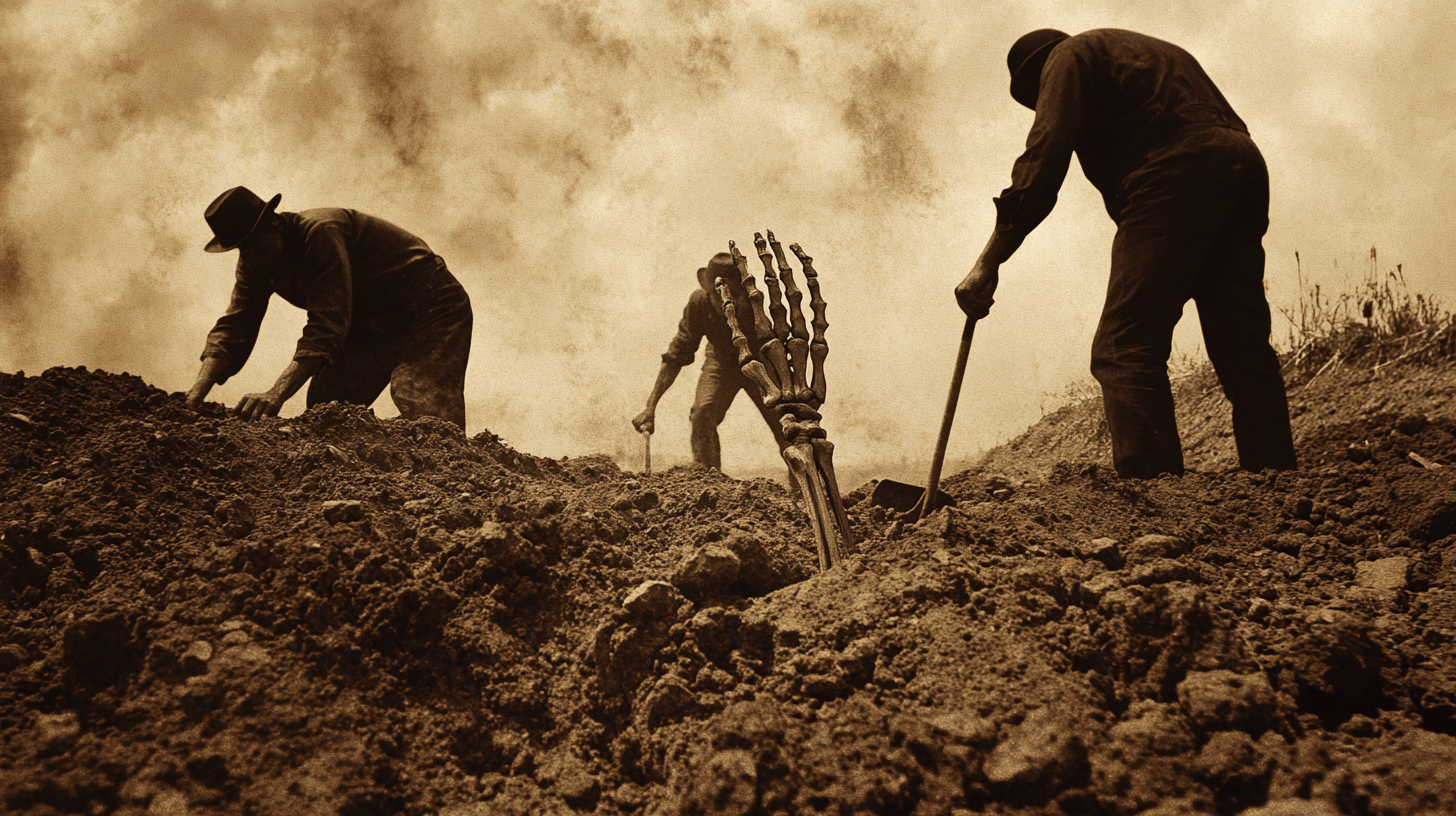 Vintage 1900s Men Digging Skeleton Sepia 8k