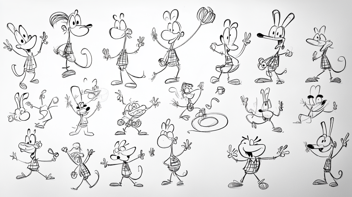 Vintage 1950s cartoon character sheet with funny poses