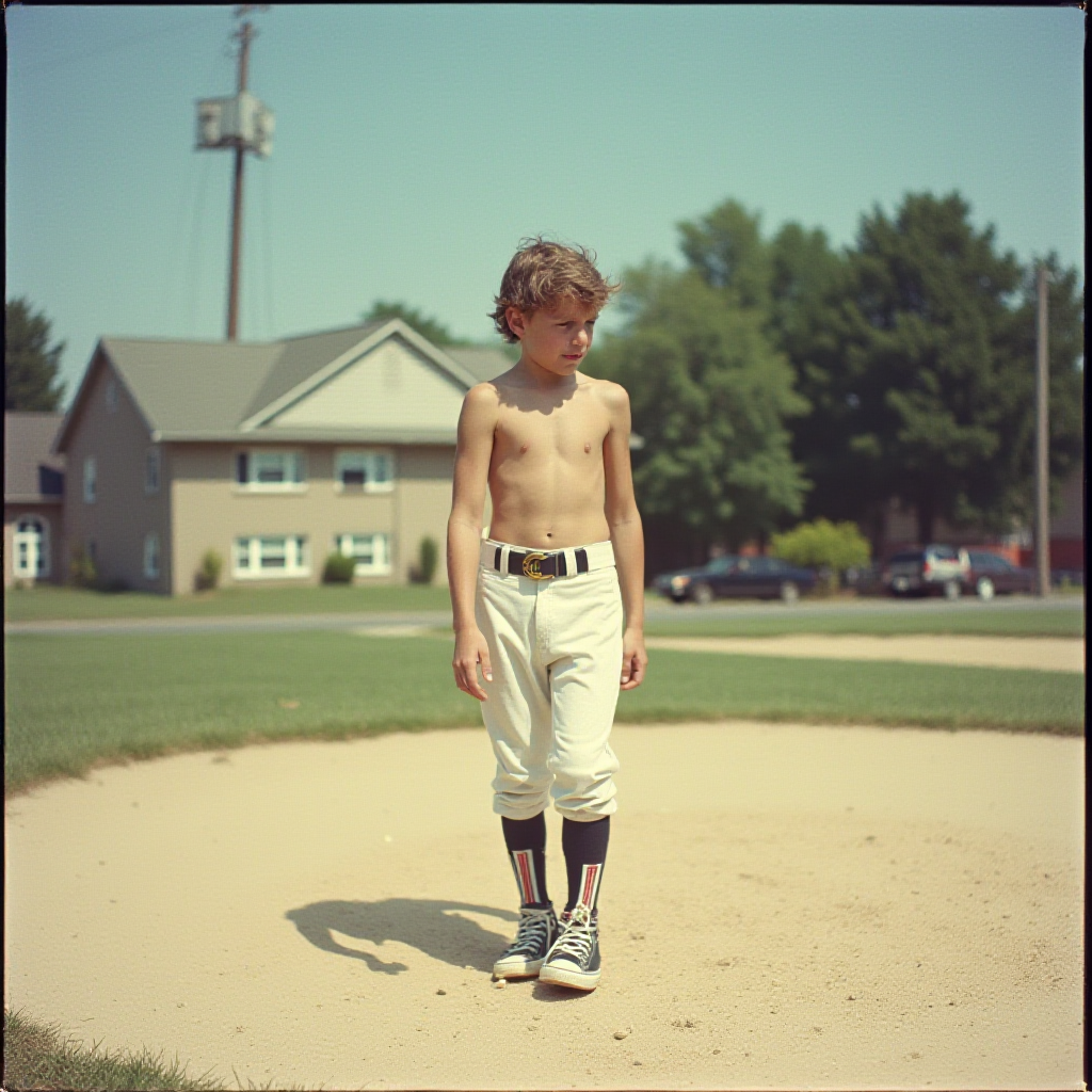 Vintage 1980s Teen Playing Baseball in Suburb