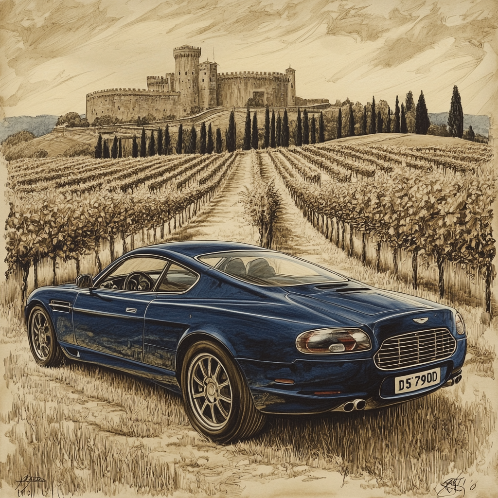 Vintage Aston Martin in Vineyard with Castle Background