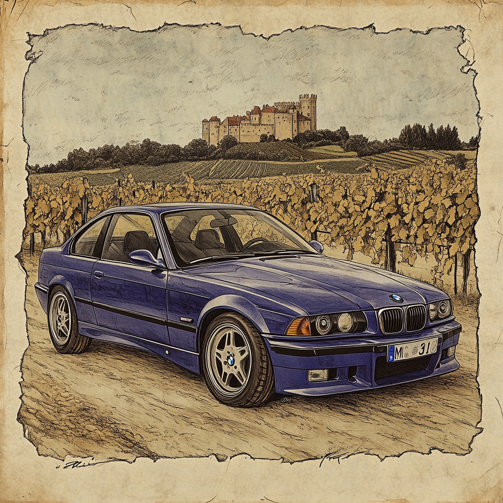 Vintage BMW M3 (E36) in Sepia Vineyard Scene