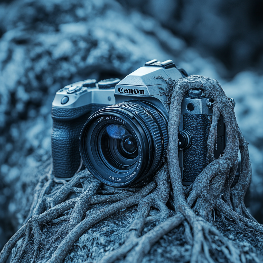 Vintage Canon SLR Camera Entwined by Banyan Tree Roots