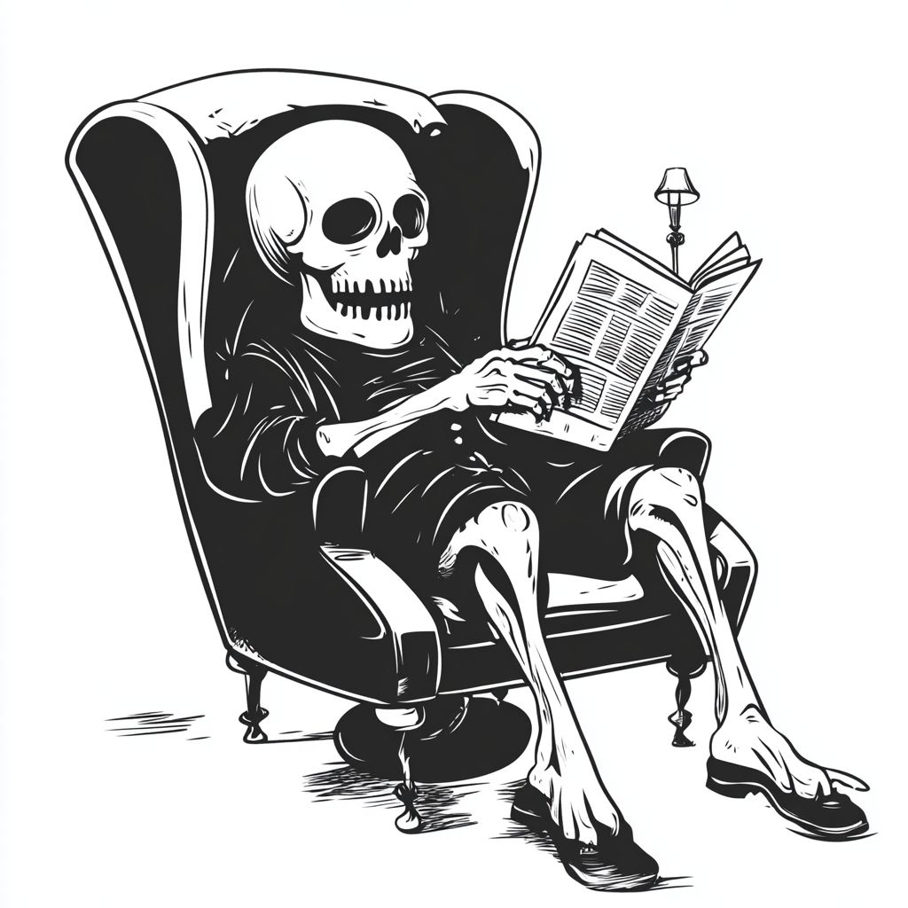 Vintage Cartoon Grim Reaper Reading Newspaper in Recliner