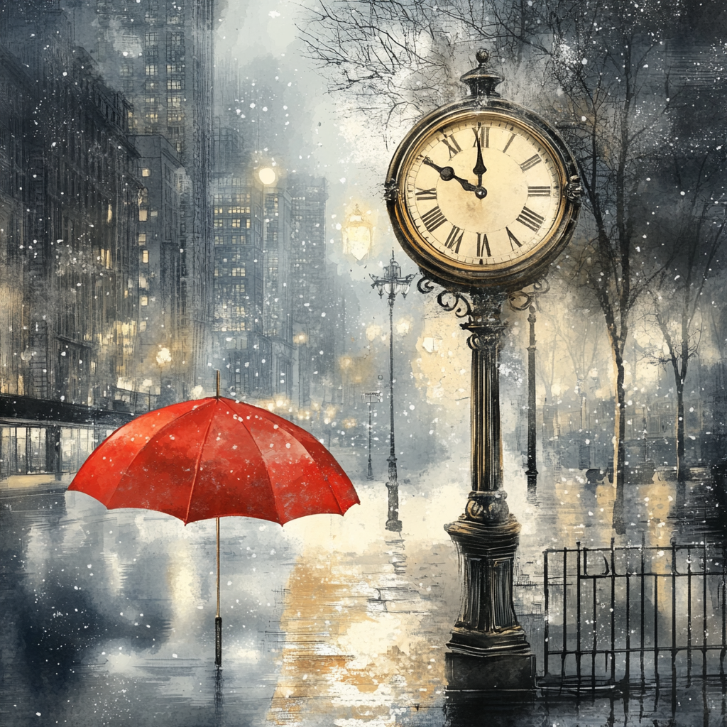 Vintage Clock in Rainy Cityscape with Red Umbrella