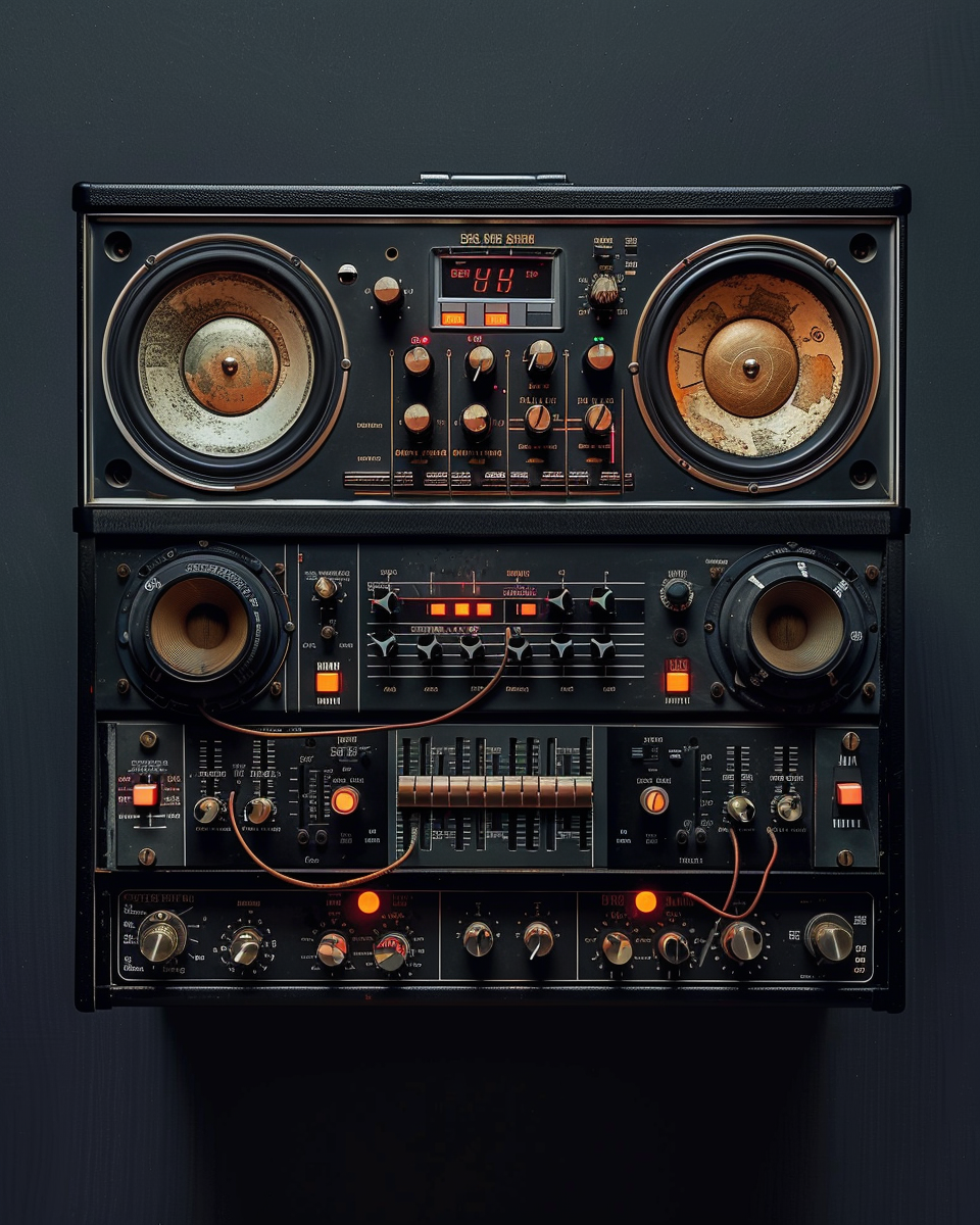 Vintage Drum Machine on Black Background, 70s Style
