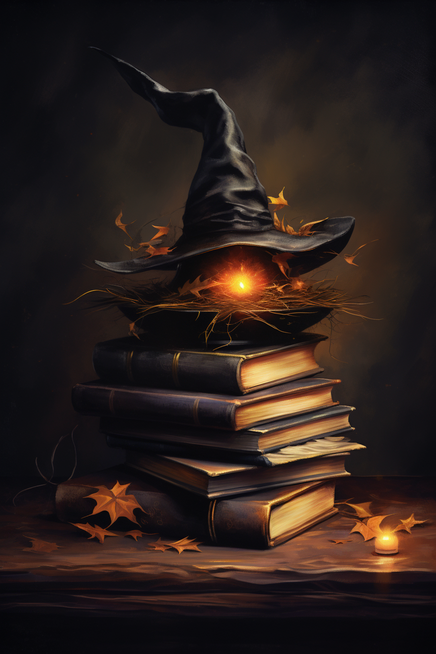 Vintage Halloween Witch Hat on Books with Candle