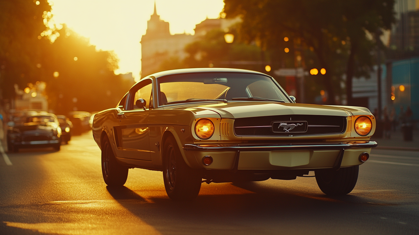 Vintage Mustang driving on road in cinematic scene, 4k.