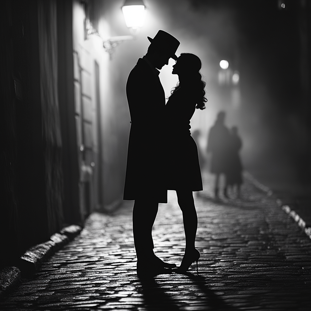 Vintage Romantic Couple Kissing Under Street Lamp