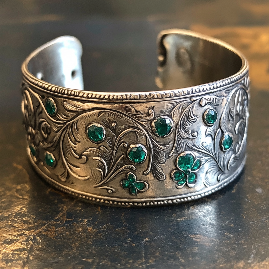 Vintage Silver Bracelet with Emeralds and Engravings