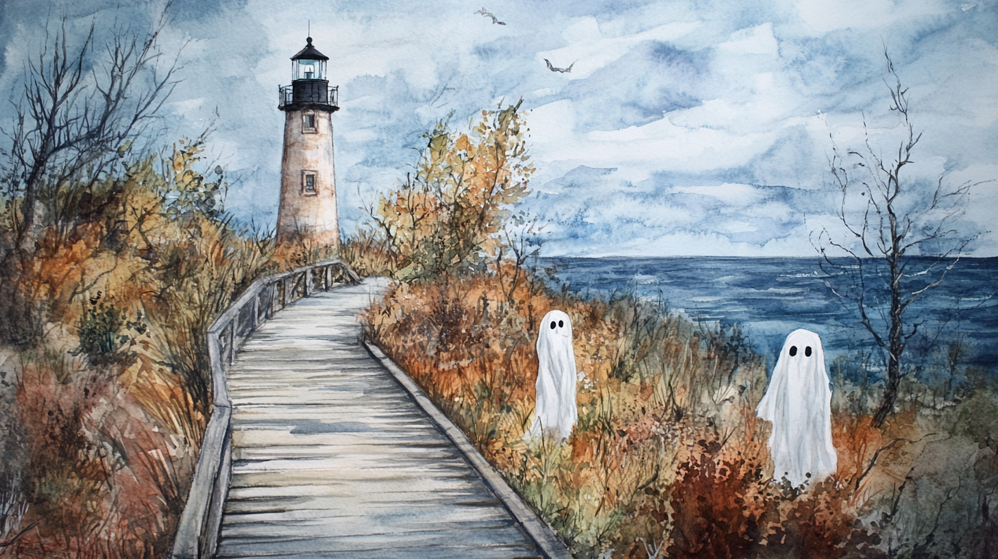 Vintage Watercolour Painting: Autumn Lighthouse Scene with Halloween Ghosts