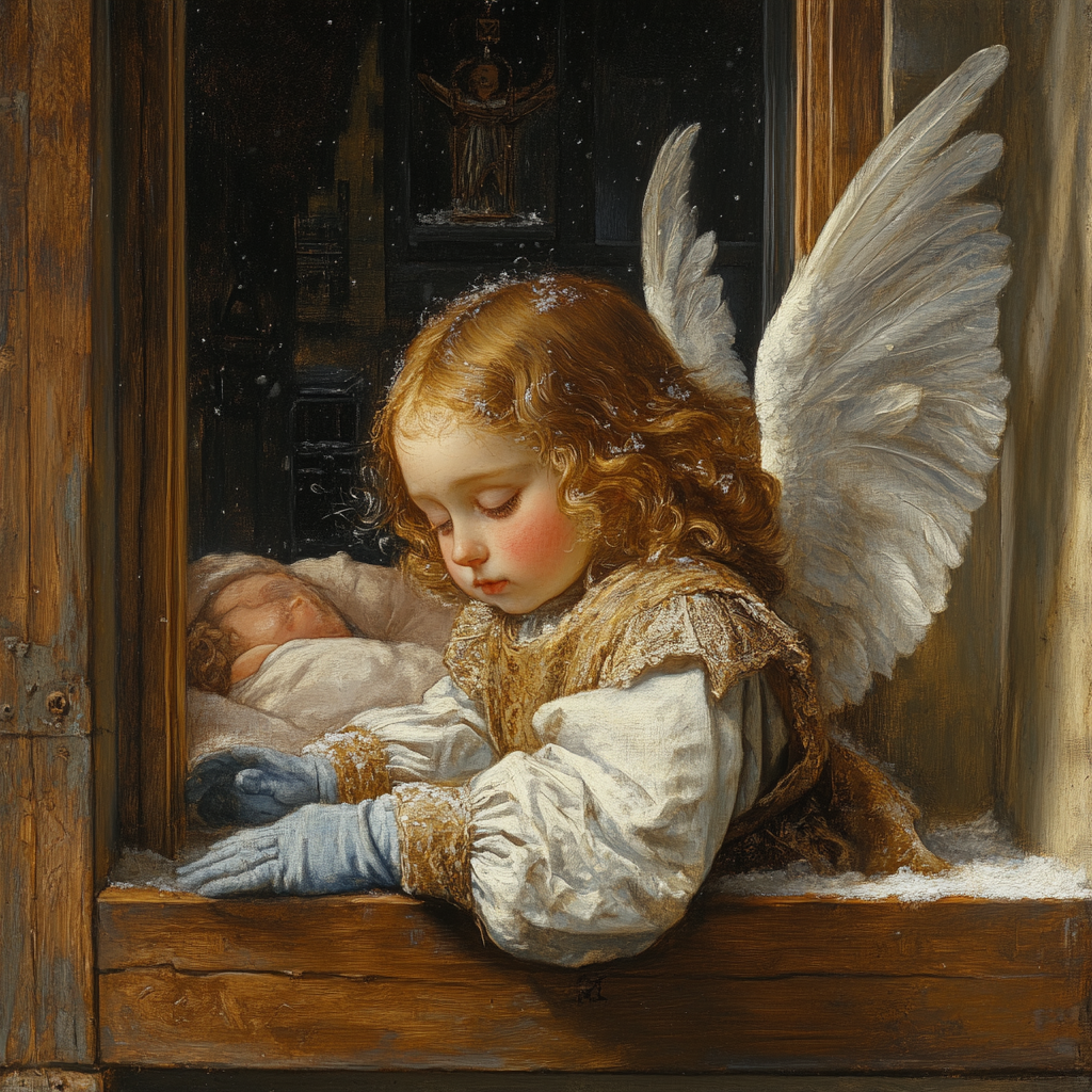 Vintage angel in blue watches child in snow