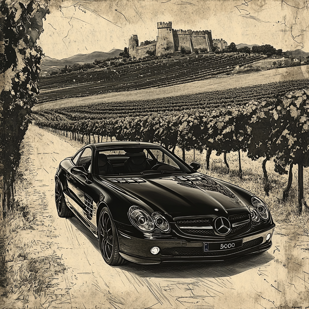 Vintage black Mercedes-Benz SL600 in vineyard setting.