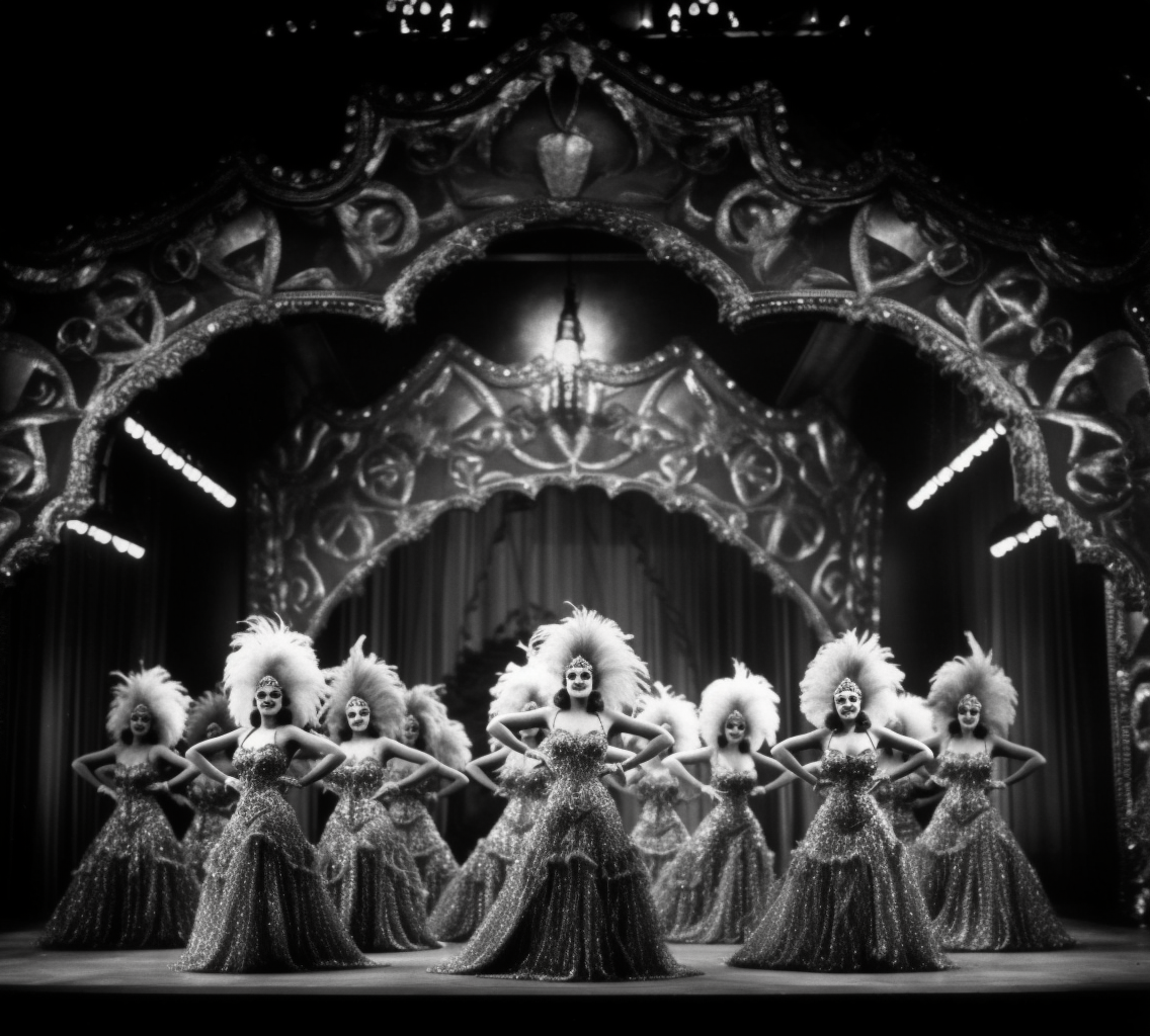 Vintage black-and-white photo of Golden Age Las Vegas showgirls.